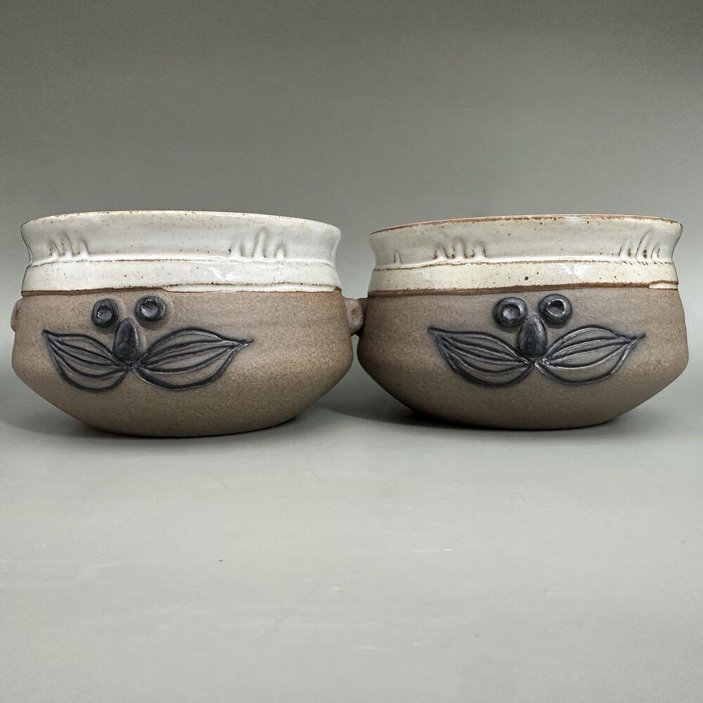 Vintage Takahashi Mustache Bowls Planters Stoneware Japan 1970s Pair 4.5”